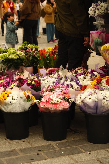 A display of fresh flower bouquets arranged in black buckets on a pavement outdoor market, featuring a variety of colorful blossoms such as pink roses, white daisies, purple delphiniums, yellow sunflo