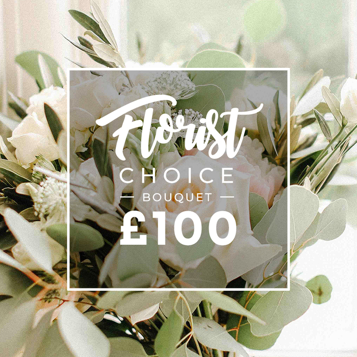 Like a breath of spring in the heart of Grove Park, this Florist Choice Bouquet glows with soft white and ivory petals, pale pink accents, and abundant greenery. The blooms, likely garden roses or peonies, unfold with quiet opulence, their ruffles catching the light and releasing a gentle fragrance that mingles with the cool silvery eucalyptus and slender olive branches. The arrangement is grounded in a mood of natural elegance, the greens weaving through the creamy blossoms like leaves on a well tended hedge. The lighting is warm but diffuse, with a background that melts into a soft blur, leaving the bouquet to speak with clarity. At the center, a crisp white square overlay bears the brand title in elegant typography: Florist flows in a handwritten script, CHOICE and BOUQUET in bold capitals, and a subtle horizontal flourish on BOUQUET. The price, £100, appears plainly beneath in a bold sans-serif. This image acts as a premium feature for Grove Park Florist, a visual promise of a thoughtful gift available for delivery across Grove Park, Crofton Park, and nearby areas. The bouquet's refined textures-creamy petals, curly greens, and the soft shimmer of eucalyptus-evoke celebration, sympathy, or a heartfelt note to someone special. It is the kind of bouquet that says you cared enough to choose the best, with freshness you can count on from a trusted local florist.