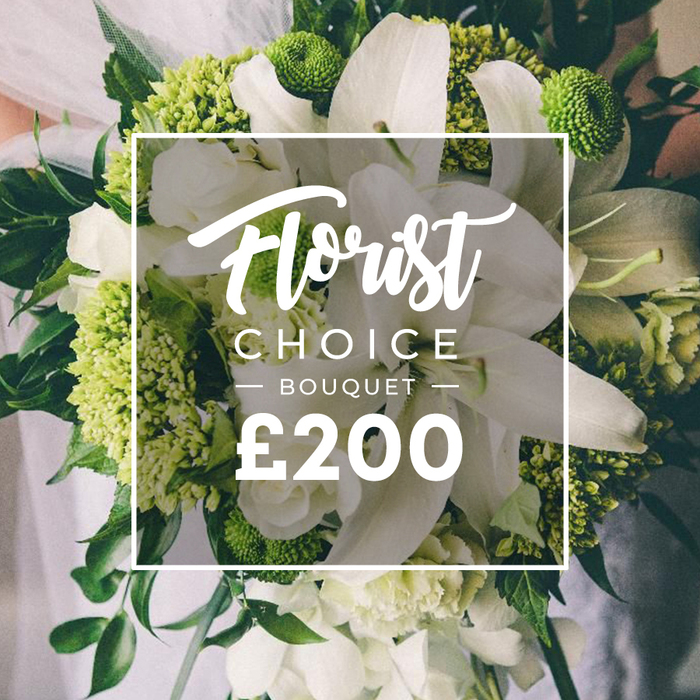 A lush, hand-tied bouquet breathes white and lime, commanding the frame with elegance. The large white lilies open like porcelain trumpets, their ivory petals catching a soft, diffused light. They are paired with clusters of smaller white blooms-ranunculus or spray roses-whose delicate layers add depth and a velvety texture to the arrangement. Densely packed lime-green clusters-the botanical chorus of Green Trick dianthus or compact hydrangeas-provide a bright, contemporary heartbeat that lifts the classic palette. Rich, dark green foliage threads through the bouquet, with eucalyptus leaves adding gloss and structure. The bouquet is cradled in a hand, against a softly blurred backdrop that hints at white wedding fabrics and a poised arm, signaling its role in a celebration. A clean white frame sits in the centre of the image, bearing the elegant Florist Choice text at the top, a bold BOUQUET line in uppercase beneath, and the final ?200 price at the bottom in a strong sans-serif font. This design speaks of high value and meticulous craft, a premium gift suitable for delivery to a wedding party or a special anniversary around the Grove Park area. The composition communicates not just fragrance and color, but the careful touch of a local florist who understands how to balance classic romance with contemporary flair.