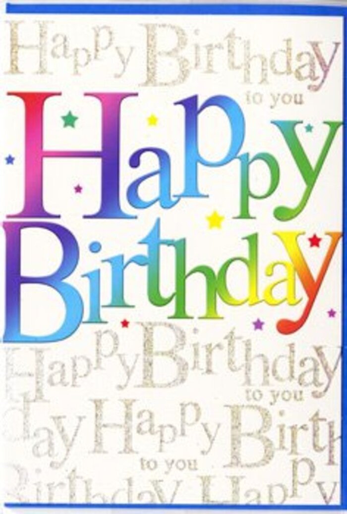 In this image, a single birthday card takes centre stage, its design glowing with the kind of warmth you might associate with a sunny afternoon stroll through Grove Park's tree-lined streets. Across the upper and middle portion of the card, the message Happy Birthday is written in big, rounded letters, each one generously spaced so the colours have room to breathe. The letters are bathed in a smooth gradient that travels through a full rainbow spectrum-beginning with crimson and raspberry tones, then flowing into violet and royal blue, before slipping into teal, fresh grass green, and finally fading into mellow yellows and pale gold. The shading is soft and gradual, giving the typography a slightly three-dimensional appearance, as if the words were softly illuminated from within. Behind this central greeting, the card is completely covered with fine, elegant script that repeats the phrase Happy Birthday to you again and again. This background text is printed in slender, looping strokes of metallic gold ink, arranged in neat horizontal lines that ripple gently across the card. When light touches the surface, certain words shimmer more than others, reminiscent of sunlight sparkling on the nearby Thames. Scattered throughout are tiny dots and minuscule stars in complementary colours, like light confetti that has floated down and settled quietly among the letters. The overall finish appears satiny, suggesting a pleasant, smooth feel under the fingertips. As a florist who regularly helps Grove Park families pair vibrant bouquets and thoughtful cards for same-day birthday deliveries, I'd describe this card as a joyful visual chorus-radiant, inviting, and perfectly suited to make someone feel celebrated the moment they see it.