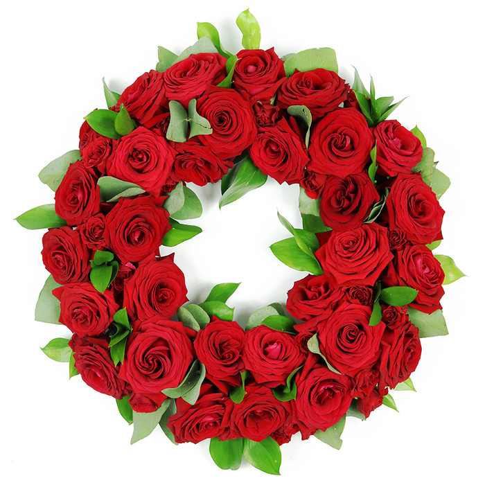 An elegant red rose wreath, meticulously arranged and framed by fresh green foliage rests against a pure white background. Dozens of deep crimson roses crowd the circle, their blooms at varying stages from tightly furled buds to fully opened velvet petals, each showing rich, saturated colour and complex folds. The surrounding greens-broad eucalyptus like leaves and slender ruscus-provide a lush, verdant frame that enhances the intensity of the red and adds a cool counterpoint. The piece is built with a generous three dimensional quality, petals and leaves layering in subtle overlaps to emphasise depth and texture. This wreath speaks of solemn beauty, respect, and tribute, its symbolism clear in its circular form. It is a powerful visual for memorials, funeral arrangements, or commemorations, and in the Grove Park area it's a natural choice for expressing sympathy with dignity. The combination of passionate red and serene green against the stark white backdrop makes the arrangement feel timeless, a quiet statement of care that travels with you through delays and daybreaks alike, and can be delivered promptly to Grove Park households and nearby communities by a local Grove Park florist.

In Grove Park, this wreath remains a steadfast expression of remembrance in chapels, candlelit vigils, and homes, with reliable delivery across the district to support families at their needed moments.