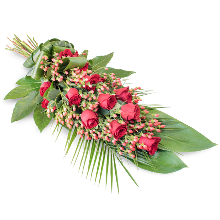 A long, elegant funeral spray of red roses and berries is presented on a bright white background, positioned at a diagonal angle that enhances its graceful, elongated profile. The main visual focus is a lush band of red roses, running from the gathered stems at the top left through to the gently tapered tip at the lower right. These roses range from tight buds with petals just starting to loosen, to fully open blooms with layered, velvety petals forming perfect rosettes. Their deep red hue suggests love, respect, and quiet devotion. Threaded among the roses are plentiful clusters of small, spherical Hypericum berries in a pinkish-red tone, their smooth, glossy skins catching the light and adding delicate points of interest that break up the mass of petals. Framing this central run of flowers is a generous collar of greenery: wide, dark green leaves shine with a natural gloss, providing a strong visual base, while elegant palm fronds extend beyond the edges, especially toward the right-hand side, giving the impression of movement and a soft, feathery outline. Slender stems of additional foliage poke through here and there, enriching the texture so the spray looks full yet never overcrowded. At the point where the stems meet at the upper left, they are secured and concealed within a neatly wrapped band of folded green leaf, creating a smooth, organic handle that keeps the design cohesive. The result is a dignified and beautifully composed tribute, the kind often chosen by families in Grove Park and nearby areas along Grove Park Road, to accompany a coffin at a funeral, rest on a memorial plinth, or be delivered as a final, loving gesture of sympathy and remembrance.
