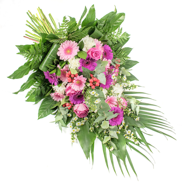 On a stark white background, this striking funeral spray appears almost like a painted diagonal brushstroke of flowers and foliage, beginning with the bound stems at the top left and flowing toward the sweeping palms at the bottom right. The arrangement is filled with a harmonious mix of pink, magenta, white, and green, anchored by large gerbera daisies in soft pastel pink and richer fuchsia tones. Their wide circular faces provide strong visual anchors, while nestled among them, refined pink roses with neatly layered petals add a timeless elegance. Surrounding these central blooms is a halo of white, ruffled flowers-similar to mini carnations or dianthus-that soften the palette and lend fullness without overwhelming the eye. Interspersed between them, delicate white daisy-like flowers appear in small clusters, their tiny petals and bright centres suggesting the natural charm of a country garden. Threaded discreetly through the composition, red hypericum berries introduce compact bursts of scarlet, lending both colour depth and a pleasing rounded texture. The foliage base is luxuriant: broad, glossy dark leaves give the tribute structure and richness, while airy green fern fronds break up the silhouette with a feathery touch. Adding a cool, contemporary note, rounded eucalyptus leaves in silvery green hint at a clean, calming scent. At the lower right, long, dark palm fronds reach outwards, creating a graceful, cascading finish. The exposed stems at the upper left quietly reveal the hand-tied nature of the piece, as you might expect from a skilled local florist in Grove Park. Overall, this spray feels perfectly suited to a casket top or main display at a memorial service, expressing sympathy and remembrance through colour and texture.
