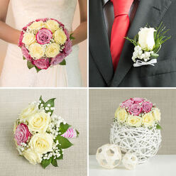 This four-part wedding collage presents a cohesive story of romantic floristry, with roses in cream, pale yellow, and pink tones bringing a gentle elegance that would feel at home in any Grove Park ceremony or reception. In the top left image, the bride holds a compact, rounded bouquet close to the bodice of her white dress, which features delicate lace detail across the top. The bouquet itself is a tight dome of creamy and pale yellow roses interlaced with richer pink and mauve rose blooms. Fine sprays of white filler flowers, similar to baby's breath, and discreet flecks of green foliage break up the soft rose petals, creating a textured yet polished look, as if captured in soft afternoon light drifting across a local church aisle. The top right panel zooms in on the groom's boutonnière, pinned to a dark grey suit jacket worn over a clean white shirt and a vivid red silk tie. At the heart of the buttonhole sits a single unopened white rosebud, framed by light green leaves and a collar of tiny white flowers, with a neat white satin bow securing the stems and lending a tailored finish. Below, on the left, a charming bridesmaid's bouquet rests on a pale, woven linen backdrop. It mirrors the bridal design with cream and yellow roses, pops of pink, abundant white fillers, and lush greenery, but with a looser, slightly asymmetric shape; the stems are wrapped in a playful pink-and-white striped ribbon, suggesting a more relaxed, personal touch. In the bottom right, a round centerpiece of matching roses and fillers sits in a white twig sphere vase, paired with two small woven balls on a white surface, evoking a serene reception table, perhaps in a Grove Park venue bathed in warm evening light.