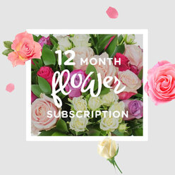 Here, a 12-month flower subscription is captured as a lush gathering of roses, composed with the care of a local Grove Park florist who takes pride in every stem. The bouquet is tightly bound yet appears airy, thanks to roses in layered shades of blush pink, creamy white, soft lavender and splashes of brighter magenta. Each bloom shows different textures: some petals lie smooth and broad, others curl and ruffle at the edges like tiny waves, suggesting a living, evolving collection rather than a static arrangement. Buds at varying stages of opening nestle between the fuller flowers, hinting at the promise of future months and the pleasure of watching fresh roses unfold soon after delivery. Surrounding the blooms, glossy green foliage adds contrast and rhythm, its leaves casting gentle shadows and giving depth similar to the tree-lined streets around Grove Park and Chiswick. The bouquet is set against a pale, warm background that feels like the calm walls of a welcoming local studio, while scattered petals and blossoms float around the central composition like soft confetti after a celebration at Chiswick House and Gardens. Together, these details create a mood of refined abundance, ideal for long-term gestures of love, encouragement, or corporate gifting that brings ongoing freshness into offices near the river. As you imagine this image, it is easy to sense the cool, velvety touch of each petal, the subtle rustle of foliage when lifted from its wrapping, and the gentle, comforting fragrance that would drift through a living room after each monthly delivery arrives at the door.