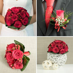 In this four-panel collage, a complete red rose wedding collection unfolds with quiet drama, evoking a celebration in Grove Park where every floral detail ties together. The top-left panel centers on a bride in white holding a neat, compact bouquet of deep red roses. Each rose is tightly clustered, its velvety petals forming a rich, rounded shape, while bright red hypericum berries gleam between them like tiny jewels. A clean collar of lush green foliage surrounds the base, giving structure and balance and creating a vivid contrast against her gown. The top-right panel zooms in on the groom's dark charcoal suit lapel, showcasing a carefully crafted boutonniere. Here, a single red rosebud is surrounded by airy green ruscus-like leaves and specks of white gypsophila, with miniature red berries nested among them. A slim red satin ribbon wraps the stems into a tiny bow, echoing the groom's striking red tie and crisp white shirt and tying the couple's florals together. In the bottom-left image, another bouquet-perfect for a bridesmaid walking from Grove Park's leafy streets to the venue-features generous red roses and clusters of berries, dramatically framed by broad, dark green tropical leaves curved into bold, sculptural lines. A red ribbon binds the stems, resting on a textured beige cloth that softens the richness of the colours. The bottom-right panel reveals a low, dome-shaped centerpiece of red roses and berries, perched on a unique white woven sphere made from natural fibers. Two smaller, honey-toned woven balls sit nearby on a smooth, pale surface with a muted beige and grey wall behind. Together, these images create a cohesive, passionate red rose theme, ideal for wedding receptions or romantic gatherings in Grove Park.
