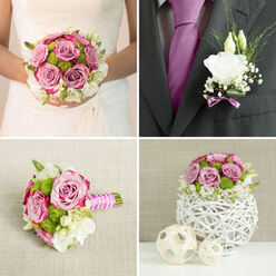 A graceful wedding bouquet and boutonnière sit side by side, evoking the intimate charm of a Grove Park ceremony on a calm afternoon. The bouquet is circular and full, dominated by mauve-pink roses that open in soft, layered spirals, their colour hovering between blush and lavender for a modern yet timeless effect. Between these roses, bright green button chrysanthemums tuck in neatly, their rounded, moss-like texture adding lively contrast and a hint of playful detail, similar to the fresh greens found in nearby Chiswick and the riverside parks. Surrounding the central blooms, creamy white lisianthus and other pale flowers form a soft halo, their gently ruffled petals giving the arrangement a cloud-like, romantic quality. Wisps of slender greenery curl in and out, some reaching just beyond the border of the bouquet to create a sense of lightness and movement, as though the flowers had been gathered from a breezy garden. The stems beneath are aligned with care and bound in pink and white satin ribbon, the wrap smooth, secure, and comfortable in the hand-a thoughtful finish for a bride walking through familiar Grove Park streets. Close by, the boutonnière features a single white bloom-likely lisianthus or rose-accented with fine, airy foliage and a delicate touch of lavender ribbon that echoes the bouquet's palette. Gentle lighting casts a soft glow across both pieces, catching the delicate sheen of each petal and hinting at their subtle fragrance. Crafted with an eye for harmony and local style, this set feels perfectly suited for church weddings, registry ceremonies, or intimate gatherings in and around Grove Park, capturing love, freshness, and quiet celebration in every detail.