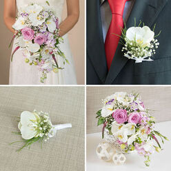 This detailed four-image collage presents a complete wedding flower story, from the bridal bouquet to the reception table, all tied together by white phalaenopsis orchids and soft pink and lavender tones. In the top left, the bride's hands cradle a dramatic cascading bouquet against her white lace gown, photographed from mid-torso down. The bouquet overflows with arching stems of white orchids, their broad petals and golden centers catching a gentle, diffused light. Around them sit full blush pink garden roses and airy sprigs of light lavender stock, threaded through with delicate clouds of baby's breath. Slender, deep pink spiky blooms punctuate the design, giving contrast and rhythm to the trailing greenery and creating a romantic yet contemporary look. Top right, a close-up of the groom's dark charcoal, almost black, suit jacket shows a vivid red tie and patterned dress shirt, with a single white orchid boutonniere pinned perfectly at the lapel. Baby's breath and slim green stems fan out behind the orchid, all secured with a narrow white satin ribbon that feels refined and understated. Bottom left, that same boutonniere rests on a textured beige fabric, perhaps reminiscent of the natural linens used on wedding tables in Grove Park hotels and function rooms, allowing each detail of the orchid throat and the tiny gypsophila blooms to stand out. Bottom right, a coordinating centerpiece echoes the bridal bouquet in a white woven cylindrical vase. White orchids, blush roses, lilac stock, baby's breath, and deep pink accents rise from a bed of foliage, flanked by two white woven decorative spheres, suggesting a calm, elegant reception setting such as you might find in a Grove Park restaurant or local hall dressed professionally for a wedding breakfast.