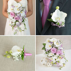 This four-panel image captures a coordinated suite of wedding flowers that feel perfectly suited to an elegant Grove Park celebration, all unified by white phalaenopsis orchids, pink and lavender roses, and airy filler flowers. In the top-left frame, the focus rests on a bride from the shoulders down, wearing a strapless white gown and holding a generous cascading bouquet. Long stems of white orchids tumble gracefully over her hands, mingling with blush garden roses, lilac-toned blooms, and trailing greenery that softens the edges and gives the bouquet a romantic movement, as if it's gently swaying on a quiet walk up a church aisle off Grove Park Road. The top-right panel shows a close-up of a groom's boutonniere pinned smartly to the lapel of a dark grey suit. A single pristine white orchid blossom is cradled by small clusters of lavender flowers and tender green leaves, all secured with a slim purple ribbon that subtly mirrors his magenta tie, creating a considered, colour-coordinated touch. In the bottom-left panel, another boutonniere rests on a subtly textured light beige fabric, almost like it's waiting on a dressing table before being collected. Here, a white orchid bud is paired with delicate white baby's breath and foliage, tied with a bright pink ribbon that lends a joyful accent. The bottom-right panel reveals a tall cascading arrangement echoing the bride's bouquet, arranged in a detailed white woven vase on a crisp white surface. Orchids, pink and lavender roses, and tiny purple fillers spill outward, flanked by three white woven decorative spheres, together conveying a sense of refined harmony and carefully curated wedding style across every floral element.