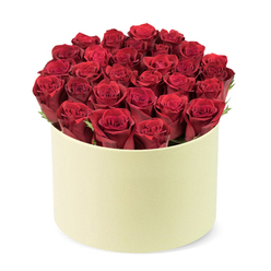 Imagine a refined, contemporary bouquet: dozens of deep red roses, their velvety petals at their peak, arranged in a near-sculptural dome within a smooth, champagne-hued round hatbox. Each blossom sits tightly furled, the crimson colour almost luminescent, while a careful ring of dark green foliage threads between the heads to add depth. The container's soft matte finish provides a chic, understated stage for the blooms, contrasting with their satin-smooth petals and enhancing their radiance. The light across the display is gentle and bright, inviting you to imagine the fragrance and the elegant weight of the bouquet in your hands. 

From Grove Park to nearby streets, this arrangement speaks with the confidence and precision of a local florist who knows the area. It's a standout choice for Valentine's, anniversaries, or a special just-because moment. The box is photographed against a clean white background, yet the design feels tangible-one you could lift, inhale the rose fragrance, and feel the soft pull of the moment as you present it. 

Grove Park Florist offers freshness and reliable service, including same-day delivery across Grove Park and the surrounding communities, ensuring the elegance of this bouquet arrives in perfect condition, ready to delight a loved one.