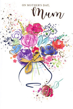 This Mother's Day card reveals a radiant floral illustration, unfolding like a personal note painted instead of written, with each bloom carrying its own whisper of affection. In the centre, rich pink and magenta flowers open widely, their layered petals reminiscent of garden roses gathered from a weekend market near Grove Park. These blossoms are deepened by accents of indigo and plum, giving them dimension while still keeping the watercolour's trademark softness. Surrounding them, softer blue, lavender, and lilac flowers gently cushion the brighter tones, creating a soothing halo that balances energy with calm, as if echoing the reassuring presence of a mother's embrace. Fine strokes and specks of gold illuminate select petals and leaf edges, adding a hint of sparkle, like sun flickering through the trees along the Thames Path. The floral cluster rises elegantly from a stylised vase painted in gentle, curved strokes, its base finished with a slim golden bow that suggests the finishing touch of an expert hand at Grove Park Florist. Across the open white space, light splashes of paint, drifting hearts, and scattered dots create a sense of movement and happiness, like petals swirling on a mild spring breeze. The composition feels clean yet full of feeling, airy yet rooted in the warmth of family connection. More than a simple greeting, this card resembles a fresh, hand-arranged bouquet translated into colour and line, capturing the hope, renewal, and timeless gratitude that make Mother's Day in Grove Park so special.