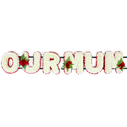 This image captures a beautifully composed sympathy tribute featuring the words "OUR MUM" created entirely from fresh flowers, stretching in a neat horizontal row against a pure white backdrop. The large, bold capital letters are densely packed with delicate white chrysanthemum-style blossoms, their small petals layered so tightly that the surface appears plush and padded, almost like a soft cushion of petals. The white flowers give a sense of stillness and purity, evoking the quiet atmosphere of a memorial gathering in Grove Park or a gentle service near the river in neighbouring Chiswick. Around the outer edge of each letter runs a narrow yet striking border of deep red blooms, most likely carnations or compact red sprays, defining the shapes with precision and adding a dignified contrast. A dark green bar or frame discreetly connects the letters from behind, ensuring the entire piece can be displayed securely at a funeral chapel, crematorium, or at a family home near Grove Park's tree-lined avenues. To bring focus and emotional emphasis, three elegant clusters of deep red roses, interwoven with rich green foliage and fern, are placed thoughtfully among the letters. One cluster occupies the space between the "O" and the "U", another is arranged between the first "M" and the "U", and the final group sits towards the end of the last "M", subtly leading the eye along the tribute. The roses, with their velvety petals and intense colour, symbolise strong, enduring love and gratitude towards a beloved mother. The entire "OUR MUM" arrangement exudes calm respect and gentle affection, a fitting floral expression for families across Grove Park saying a final, loving farewell.