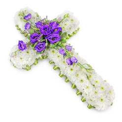 The photograph shows a traditional Christian cross made entirely of fresh flowers, laid out on a completely white background so that every petal and curve is clearly defined. The cross shape is densely covered with snow-white spray chrysanthemums, each flower closely nestled against the next to form a continuous, velvety surface that suggests peace and purity. Their small, rounded petals radiate gently from pale green centres, creating a subtle pattern across the entire arrangement. Along the side edges, a narrow lime-green ribbon runs the full length of the cross, framing the flowers with a clean, bright border that echoes the fresh greenery found in the quiet gardens and tree-lined avenues around Grove Park. At the centre, where the arms intersect, a rich cluster of deep purple lisianthus provides a striking focal point. These blooms have delicately ruffled, multi-layered petals, some blossoms fully open to reveal their velvety interiors, while others remain in elegant bud. Interspersed among them are soft tufts of green foliage and fine filler stems that lend a natural, almost woodland feel. From this central grouping, several lisianthus flowers and buds continue outwards, trailing gracefully along the lower-right arm of the cross in a loose cascade that introduces gentle movement and draws the eye diagonally across the design. The lighting is even and bright, creating a slight, soft shadow beneath the flowers that gives the cross a sense of resting lightly on the surface. This floral tribute feels both traditional and contemporary, an arrangement you might choose from a trusted Grove Park florist for a funeral service, chapel farewell, or cemetery committal, offering a symbol of faith, love, and lasting remembrance.