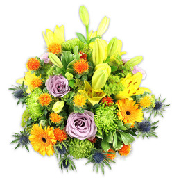 A richly textured, garden-inspired mound of flowers presented on a crisp white backdrop, the bouquet designed to read as both celebratory and quietly sophisticated - the sort of arrangement Grove Park Florist might prepare for same-day delivery across Grove Park, Downham, and nearby Hither Green. The composition is anchored by several radiant yellow Asiatic lilies, some fully unfurled to reveal freckled petals and pollen-bearing stamens, others as upright, elongated buds that suggest unfolding promise. Nestled among them are powdery lavender-purple roses whose soft fragrance and velvety petals offer a calming focal point. Large orange Gerbera daisies fan their flat petals outward like tiny suns, while bright lime-button chrysanthemums create cushions of verdant texture that fill and soften the silhouette. Small, spiky globe accents in vivid orange and golden yellow are scattered through the bouquet, adding energetic punctuation and playful texture, whereas blue-grey sea thistles (Eryngium) project a cool, architectural counterpoint with their spiky bracts and steel-blue centers. Various green leaves - glossy, broad lily foliage and smaller serrated fillers - weave between blossoms, creating depth and a natural, garden-harvest feel. Bathed in diffused daylight, the arrangement radiates warmth and optimism: perfect for congratulating a neighbour, brightening a bedside table after a hospital visit, or lifting a living room during an intimate dinner. The scent is a gentle floral-vernal mix, the touch alternates between silky rose petals and firmer thistle edges, and the overall effect is one of thoughtful craftsmanship rooted in local floral knowledge.