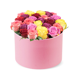 From the heart of Grove Park's favourite studio, this round pale pink hat box cradles a garden of roses that rises in a graceful dome. Dozens of blooms are packed tightly, their petals smooth and flawless, as if shaped by a master florist. The color story unfolds in bright, joyful bands: sunny yellow, deep crimson, rich magenta, soft blush pink, and bi-colour blossoms that fade from pink to creamy white. The box's plush velvet-like surface catches the light, while the crisp white background highlights the bouquet's refined symmetry. There is a contemporary elegance to the arrangement, yet a timeless romance threads through every petal-perfect for birthdays, anniversaries, or a gesture of heartfelt gratitude. It speaks of luxury, freshness, and the precise craftsmanship that defines premium bouquets from a trusted local florist. For customers in Grove Park and beyond, this bouquet is designed for reliable, same-day delivery, bringing a moment of elevated beauty to doorsteps across the area. It's easy to imagine gifting it for Valentine's Day, Mother's Day, or simply to celebrate a milestone, with the round hat box acting as a stylish stage for the roses' glow. The display also invites home decor admiration, ready to brighten a mantel, a coffee table, or a bedside nook with colour, fragrance, and a touch of glamour.
