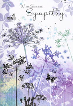 The illustration inside this sympathy card captures the hushed stillness of nature, reminiscent of looking across the green spaces and gardens around Grove Park on a cool, overcast morning. Slender wildflower stems, fine and slightly curved, reach skyward from the lower edge of the card. Their delicate, umbelliferous heads are painted in layers of lavender, bluish violet, and soft grey-green, each cluster appearing almost lace-like against a background of muted colour. The watercolour wash behind them dissolves from gentle purples into silvery greens, with no sharp boundaries, creating a diffused backdrop similar to distant trees seen beyond Chiswick's riverside walks. Subtle silhouettes of additional stems and tiny sprigs linger behind the main flowers, adding texture while preserving a feeling of spaciousness. A few butterflies drift among the blooms, their wings lightly sketched and filled with transparent hints of blue and lilac, evoking both fragility and resilience. The lighting across the card is gentle and understated; there are no hard shadows, just a soft, enveloping glow that suggests quiet contemplation. The overall effect is tender and supportive-a visual companion to carefully chosen words of condolence. It feels like a pause, a breath of calm in the midst of grief, much like the quiet corners of Grove Park where residents find a moment to reflect. As a local florist accustomed to helping families express sympathy with flowers, I recognise how this design mirrors the gentle grace people in our community value when sending funeral tributes or sympathy cards to loved ones nearby.