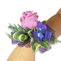 This wrist corsage reads like a small, wearable bouquet of twilight colours and soft textures, shown on a light-toned wrist against a stark white field that lets every shade breathe. The centrepiece is a lush mauve-leaning rose, petals unfurling in layered folds with a subtle sheen, suggesting the gentle scent of cut roses carried on a cool breeze. Clustered against it are rich indigo hydrangea blooms, each miniature floret with a delicate blue-tinged eye that creates a shimmering mosaic beneath the rose and deepens the visual story. Variegated English ivy arcs around the blooms with dark green leaves edged in creamy yellow, adding an elegant, old-world frame, while pale, silvery foliage-think eucalyptus or lavender sprigs-softly fans out to give the piece air and movement. A contemporary element arrives in a wide, striped green-and-white leaf, meticulously curled into a spiral that provides sculptural contrast and a glossy catch of light. Dark purple mesh with an open weave nestles under the arrangement, its lacy texture lifting the flowers and tying the purples together like a soft ribbon. The tactile mix-silky petals, crisp ivy edges, and smooth curled foliage-invites a gentle touch, and the overall effect is celebratory yet refined, suited for formal dances, weddings, or a thoughtful gift hand-delivered within Grove Park, Lee, or nearby Downham where local florists often craft pieces to complement evening gowns and joyful moments.