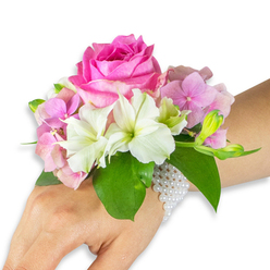 Presented on a light-to-medium toned left wrist against a pristine white background, this wrist corsage is an intimate study in colour and texture, assembled with care for special occasions across Grove Park. The composition is dominated by a large, fully bloomed hot fuchsia-pink rose whose dense, layered petals form a soft, velvety cup at the heart of the design. Around it, clusters of soft blush hydrangea florets create a plush, cloud-like cushion, their delicate edges offering a gentle contrast to the rose's weight. Interspersed are several white alstroemeria (Peruvian lilies), each petal brushed with subtle green veining near the center, their crisp shapes bringing a refined lightness. On the right-hand side a small spray of pale green alstroemeria buds and a few tiny, barely open pink blooms suggest unfolding life and add a tender, anticipatory note. Rich emerald-green leaves cradle the arrangement, providing structural depth and a vivid tonal counterpoint to the pastel flowers. Anchoring the piece is a multi-strand bracelet of tiny, lustrous white pearls that encircles the wrist and extends slightly toward the back of the hand, giving the corsage a vintage-inspired yet modern finish. Crafted with local sensibilities-thought of for weddings near Grove Park Nature Reserve or prom nights returning from Grove Park station-this wearable bouquet balances visual poetry, scent, and durable construction, a small treasure from Grove Park Florist for those seeking understated, refined floristry.
