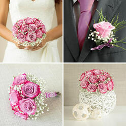 In this detailed close-up, a groom's boutonniere sits precisely pinned to the lapel of a deep charcoal suit, its compact composition radiating poise and quiet romance. At the centre is a single luminous pink rosebud, perfectly unfurled yet still modest in size, its petals smooth and satin-like, catching a soft gleam of light as though brushed by the glow from a nearby window overlooking Grove Park. Surrounding the rose are tiny clusters of white gypsophila, each flower no larger than a raindrop, lending a cloud-like softness that tempers the strong lines of the tailored jacket. A sleek, folded green leaf curves neatly behind the rose, adding structure and a hint of modern design, while fine stems of greenery peek out delicately, suggesting movement and life. The whole piece is tied with a slim velvet ribbon, likely in a complementary shade of dusky pink or rich berry, its texture plush against the crisp wool of the suit. This small floral accent feels like a personal emblem of the day, chosen with care by a couple perhaps marrying at a local church near Chiswick or a registry office close to the station. As an experienced florist in the Grove Park area, I picture the groom taking a steadying breath while someone gently fixes this boutonniere to his lapel, the faint scent of the rose and greens rising as he moves. The design blends tradition with contemporary styling, perfect for modern city weddings that still cherish classic touches. It's a tiny arrangement, yet it carries the emotional weight of vows, photographs, and all the quiet, meaningful moments that make the celebration unforgettable.