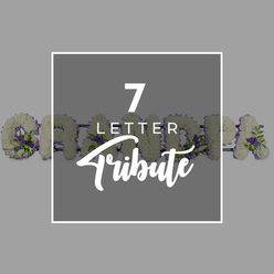 This image combines modern design and traditional sympathy flowers, set against a soft grey background that feels as gentle as the quiet back streets of Grove Park on an overcast day. At the centre of the composition sits a deeper grey square, outlined with a crisp white line that frames the main message as though it were a simple announcement card. Inside it, the phrase "7 LETTER Tribute" appears in white: the large number 7 commands the top, "LETTER" is neatly written below in a smaller, straight-lined sans-serif font, and "Tribute" flows across the bottom in a delicate, script style, adding warmth to the composition. Behind this central block, emerging to either side, is a traditional seven-letter floral tribute spelling "GRANDMA," similar to those often delivered to local churches and gathering places around Grove Park, Chiswick, and Kew. Each individual letter is formed from densely packed white chrysanthemums, their layered petals creating a soft, cushiony texture that speaks of purity and calm. Interspersed among the white flowers are small, rich clusters of purple blooms and sprigs of fresh green foliage, strategically placed to highlight the contours of each letter and to introduce a quiet sense of depth and colour. On the far left, you can make out the curve of the G, followed by glimpses of the R, A, N, D, M, and the final A as the word extends outward beyond the edges of the square. The overall impression is of a personalised funeral flower tribute for "GRANDMA," a seven-letter design made to stand alongside the coffin or hearse, gently conveying love, memory, and respect when words feel too fragile.