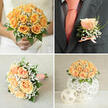 Pinned to the lapel of a dark charcoal or deep navy jacket, the boutonnière reads like a small, considered love letter-one peach rose bud curled in on itself, its velvety outer petals blushing from cream to coral at the edges. It is framed by a halo of fine gypsophila and a single sprig of delicate greenery, which together provide both contrast and lift, the airy white dots echoing the bride's bouquet. A slim peach-coloured ribbon bow is tied at the base of the bloom, mirroring the groom's coral tie and the crisp white shirt beneath, so that the whole ensemble feels thoughtfully coordinated and quietly elegant. The textures are intimate: the smoothness of the rose against the woven wool of the suit, the feathery whisper of the baby's breath, and the neat, confident knot of the ribbon. Under close light the petals show subtle tonal variations that link perfectly to a warm wedding palette without being flashy. This boutonnière is a detail that speaks with restraint-an accent that announces unity and care when a couple exchanges looks across a crowded room. If you imagine a walk from Grove Park station toward a nearby venue, this tiny creation would catch the light and the eye, a small emblem of ceremony and community. It is the sort of piece local couples request when they want classic floral craft with a modern, personal finish.