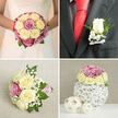 This four-part wedding collage presents a cohesive story of romantic floristry, with roses in cream, pale yellow, and pink tones bringing a gentle elegance that would feel at home in any Grove Park ceremony or reception. In the top left image, the bride holds a compact, rounded bouquet close to the bodice of her white dress, which features delicate lace detail across the top. The bouquet itself is a tight dome of creamy and pale yellow roses interlaced with richer pink and mauve rose blooms. Fine sprays of white filler flowers, similar to baby's breath, and discreet flecks of green foliage break up the soft rose petals, creating a textured yet polished look, as if captured in soft afternoon light drifting across a local church aisle. The top right panel zooms in on the groom's boutonnière, pinned to a dark grey suit jacket worn over a clean white shirt and a vivid red silk tie. At the heart of the buttonhole sits a single unopened white rosebud, framed by light green leaves and a collar of tiny white flowers, with a neat white satin bow securing the stems and lending a tailored finish. Below, on the left, a charming bridesmaid's bouquet rests on a pale, woven linen backdrop. It mirrors the bridal design with cream and yellow roses, pops of pink, abundant white fillers, and lush greenery, but with a looser, slightly asymmetric shape; the stems are wrapped in a playful pink-and-white striped ribbon, suggesting a more relaxed, personal touch. In the bottom right, a round centerpiece of matching roses and fillers sits in a white twig sphere vase, paired with two small woven balls on a white surface, evoking a serene reception table, perhaps in a Grove Park venue bathed in warm evening light.