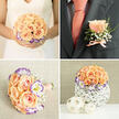 This four-image panel reads like a short love letter in peach, violet and white, shot in the gentle morning light common to Grove Park's calmer streets. In the top-left, a bridal bouquet sits firm and rounded against cream lace: tight, soft peach roses form the heart, flanked by ruffled lisianthus with purple-edged petals and flecks of baby's breath that add an airy, romantic texture. The bride's hands cradle the blooms as if holding a promise; the invisible handle keeps the silhouette clean and refined. Top-right captures the groom's charcoal jacket and coordinating peach tie, where a single peach rose boutonniere-accented with delicate greenery and baby's breath and finished with a thin blush ribbon-sits confidently on the lapel, a quiet counterpart to the bride's bouquet and the sort of detail we craft at Grove Park Florist for couples marrying near the nature reserve. Bottom-left offers a laid-down view of a slightly smaller bouquet, its stem wrapped in peach ribbon and secured with pearl-headed pins on a textured cloth, suggesting an heirloom touch or a bridesmaid's complement. Bottom-right closes with a low, dome-shaped centerpiece in a white woven vase, the same peach roses and violet-edged lisianthus clustered with baby's breath, accompanied by two small woven spheres-a table vignette that feels handcrafted and effortlessly cohesive. The overall impression is tender and intentional: a wedding palette that smells faintly of summer fruit and fresh-cut stems and reads as a unified design across ceremony and reception.