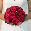 This photograph captures a round bridal bouquet that glows with romantic intensity, fashioned from deep red roses and matching hypericum berries-the kind of design often chosen by couples marrying near Grove Park's leafy lanes. The roses dominate the composition, each bloom richly saturated in crimson and fully open, their petals layered in swirling, velvety folds that create a sense of softness and depth. Between them, plump red berries emerge, smooth and slightly reflective, offering a playful contrast in shape and a contemporary twist on a classic red-rose theme. Encircling the cluster of blooms, folded aspidistra leaves form a wide, dark green collar that is both bold and tidy, lending a modern, structured edge to the bouquet. This collar frames the flowers in such a way that the reds appear even more intense, making the entire piece feel like a polished work of floral art. Light falls gently from one side, tracing the contours of petals and leaves, bringing out subtle highlights and shadows that emphasize the bouquet's three-dimensional form. It's easy to imagine this design being prepared on a workbench at Grove Park Florist, then carried out into the soft daylight for delivery to a bride waiting in a local home or at a nearby riverside venue. The mood conveyed is one of passionate celebration and confident elegance, a bouquet designed not only to look beautiful in the moment but also to evoke strong memories whenever the day is recalled. What you see here is an intimate portrait of roses and berries, gathered to honor a once-in-a-lifetime promise.