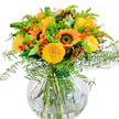 Assembled with skill just steps from Grove Park's heart, this vibrant bouquet is an ode to the season's sunniest days. Grand sunflowers, with glowing yellow-orange petals and velvety brown faces, form the radiant focal point, their energy softened by plush yellow roses unfurling into perfect rosettes. Sprays of red hypericum berries add playful punctuation throughout-a nod to the lively character of Grove Park's weekend markets. Swathes of greenery, feathery ferns, and pale golden filler blooms impart a breezy, flowing quality, evoking the movement of park grass under a light wind. Delicate eucalyptus leaves bring a touch of silvery blue and a subtle woodland note. Water in the spherical glass vase glistens, revealing the freshness of every sturdy stem-a detail locals associate with Grove Park Florist's proud tradition of delivering quality arrangements for any occasion. Gently fragranced, this bouquet brightens birthdays, anniversaries, or simply a kitchen table along Sutton Court Road, radiating effortless joy, warmth, and the friendly spirit of Grove Park itself.
