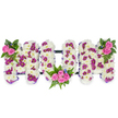 A large, three-dimensional floral tribute spells out the word MUM in elegant capital letters, set against a clean white backdrop and lit by soft, diffused light that accentuates texture and shadow. Each letter is densely built from pristine white chrysanthemum blooms, their snowy, cushion-like petals creating a plush, clouded surface that reads as gentle and consoling. Scattered through the white are pockets of deep magenta and purple pom-pom blooms that form a subtle, rhythmic pattern across the letters, adding depth and a muted richness without disturbing the overall serenity of the piece. Vibrant pink spray roses headline the composition as small, well-placed focal clusters: a modest cluster perches at the upper left of the first M, a more generous spray nestles within the lower curve of the U, and a matching cluster accents the upper right of the final M. Lush dark green foliage, including feathery fern fronds, frames each rose grouping and gives the tribute a natural, grounded silhouette, while tiny blue accent flowers peek through like soft, cool punctuation. A thin, dark horizontal bar discreetly links the three letters, offering structure and balance to the design. The overall mood is one of tender remembrance-textural, understated, and exquisitely crafted-suitable for a funeral, memorial service, or wake where family and friends gather to honour a mother. The arrangement's meticulous workmanship and harmonious palette of white, pink, purple and green speak of respect, love, and the quiet celebration of a cherished life.