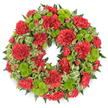 A richly detailed funeral wreath, perfectly round and densely flowered, is set against a clean white background that makes its colours glow. The wreath is composed almost entirely of two contrasting flowers: deep red carnations and bright lime green button chrysanthemums. The carnations form the main body of the ring, their ruffled, layered petals creating a sumptuous, velvety texture. The blossoms vary slightly in size and openness, from fully unfurled heads to smaller, partially opened blooms, which gives the wreath an organic, natural feel rather than a rigidly uniform look. Between and among these red blooms, the lime green button mums appear as compact, spherical cushions of tiny petals, their modern chartreuse colour popping vividly against the crimson. Encircling and supporting the flowers is a lush mix of foliage, including forest-green leatherleaf fern with its fine, feathery fronds, and variegated pittosporum leaves edged in cream, which introduce a soft, patterned border. Woven discreetly through the greenery, loops of striped green ribbon echo the fresh, bright tone of the chrysanthemums and add a subtle, decorative flourish. The wreath's balanced, continuous circle naturally suggests eternity and ongoing remembrance. It feels like a thoughtful, hand-crafted tribute from a local Grove Park florist, well suited for funerals, memorials, or graveside services along the quiet streets and churches of Grove Park. The overall mood is one of dignified sympathy, mingling the depth of red with the brightness of green to honour a loved one's life with both respect and a gentle hint of hope.