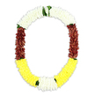 An open U-shaped funeral garland in a palette of white, maroon, and yellow is pictured floating against a bright white background, its form simple yet deeply expressive. The top of the garland is a thick band of small white blossoms, reminiscent of tightly bound jasmine or fine chrysanthemum florets, crafted into a pillowy, cloud-like arch that speaks of purity, peace, and spiritual stillness. Along each side, the flowers darken into generous swathes of maroon and reddish-brown, petals packed closely in velvety layers that lend a sense of gravity and heartfelt respect. At the bottom, the design opens into a vibrant sweep of golden yellow blooms, suggesting marigold-like flowers that bring a gentle radiance and a suggestion of blessing and continuity, even within a farewell. Between these colour fields, especially where the white melts into maroon and where the yellow turns upwards, small green leaves and sprigs are tucked in, giving a fresh, natural pause between each band and keeping the composition fluid. The craftsmanship feels assured and careful, each floreted section evenly weighted so that the garland appears full and luxurious from every angle, much like the ceremonial malas prepared by local florists for families around Grove Park, Chiswick, and the riverside paths by the Thames. The empty centre creates a quiet circle of space, ideal for surrounding a photograph, resting on a coffin, or framing a shrine during funerals, remembrance gatherings, or temple rituals in the Grove Park area, where flowers often carry both cultural meaning and personal memory.