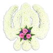 A meticulously crafted Sikh Khanda floral tribute appears against a pristine white backdrop, its sacred shape clearly drawn in a soft tapestry of flowers. The central double-edged sword stands upright, encircled by the smooth ring of the Chakra and supported by the sweeping, crossed Kirpans at the base. Every part of this emblem is surfaced with white or cream chrysanthemums, their small, tightly packed heads forming a seamless blanket of petals. The blooms' feathery texture adds a gentle softness to the strong symbolism, and the subtle variations in cream and white tones catch the light, giving the design depth and quiet radiance. The overall effect is one of purity, peace, and focused reverence.   

Set into the base of the Khanda, nestled where the Kirpans cross, a compact arrangement of accent flowers provides contrast and emotional warmth. Several pink roses, partly open with layered petals, form the central feature, their blush colour suggesting love, gratitude, and a comforting presence. Clustered around them are deep purple or violet blossoms, adding a rich, contemplative hue that acknowledges the gravity of farewell. Fine green fern fronds and other foliage emerge from behind the petals, their fresh colour and delicate lines softening the overall structure.   

This floral Khanda feels especially suited to Sikh funerals, memorials, or remembrance gatherings within the Grove Park community, and along nearby riverside avenues. It is easy to imagine it resting near the altar of a Gurdwara or placed gently at a crematorium service, a quiet yet powerful floral statement of devotion, courage, and eternal remembrance, arranged with the attentive hand of an experienced local florist such as Grove Park Florist.