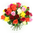 An exuberant mix of roses in multiple colours is shown resting on a bright white surface, the stems extending downward and the flowers forming a lush dome at the top. The bouquet looks hand-tied, with the heads arranged tightly so that the viewer sees a continuous sweep of petals: rich crimson and ruby reds, bold fuchsias, glowing oranges and sunny yellows intertwined with soft blush pinks and creamy whites. Each rose is distinct yet harmonises with its neighbours, some blooms wide open and generous, others still holding a slightly cupped, budding form. The petals appear velvety and full, with gentle curves catching the light, while tiny shadows between the layers hint at depth and movement. Small touches of dark green foliage are visible between the blossoms and at the base of the dome, grounding the bright colours with a natural, leafy contrast reminiscent of the tree-lined streets and riverside walks around Grove Park. The stems are gathered firmly together and finished with a simple green and white checked ribbon, lending a hint of homespun charm, as if one of the florists at Grove Park Florist had just tied the final bow before sending the bouquet out for delivery. The lighting is clean and even, without harsh shadows, emphasising the freshness and quality of the blooms. As an image, it communicates warmth, joy and affection-easy to imagine as the kind of bouquet that arrives at a front door near Grove Park station for a birthday surprise, an anniversary evening by the river, or a heartfelt thank-you after a family gathering in Chiswick.