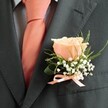 Understated yet unmistakably romantic, this classic buttonhole arrangement stands as a quiet tribute to Grove Park's celebratory spirit. At its core lies a blush peach rose, its petals tenderly unfurled and softly luminous in the ambient light-akin to spring blooms flourishing near Chinbrook Meadows. The rose is surrounded by delicate sprigs of white baby's breath, whose tiny blossoms cluster like mist, creating an impression of innocent joy and new beginnings. Wisps of emerald green foliage lend a fresh, natural movement, subtly contrasting with the clean lines of a perfectly tailored charcoal suit. At the base, a coral satin ribbon ties the boutonniere with a hint of gentle sheen, harmonizing with a matching tie below and emphasizing unity in the ensemble. A light, sweet fragrance drifts from the arrangement, evoking an English summer's promise. Each creation from Grove Park Florist is designed as more than an accessory-it's a symbol of unity, anticipation, and happiness, expertly crafted for those cherished moments celebrated in Grove Park.
