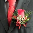 A close-up, high-angle photograph shows a sharply tailored charcoal suit jacket in Grove Park, its left lapel adorned with an impeccably crafted buttonhole that becomes the quiet star of the image. At the centre sits a single, deep red rosebud, its velvety petals still tightly furled yet full of promise, catching the soft indoor light like a drop of wine. Around the rose, tiny tufts of white gypsophila cluster together, their cloud-like blossoms providing a gentle, airy contrast to the intensity of the crimson. Nestled at the base are several small, glossy red berries, shaped like miniature ovals, their polished skins echoing the rose's rich hue and adding a subtle texture that feels almost tactile. Slender, grass-like strands of greenery fan out from behind, creating a sense of movement, while broader dark green leaves wrap closely around the stem to form a clean, structured base. A narrow red satin ribbon is tied in a neat bow, its sheen mirroring the smooth silk of the bright red tie visible beneath the lapel. The tie is perfectly knotted, its vivid colour reinforcing the bold red theme and guiding the eye up the line of the suit. Beneath, a finely patterned dress shirt in soft grey and white peeks through, adding a refined, almost whisper-soft texture. The overall effect is one of poised elegance and careful coordination, the sort of polished finishing touch a groom or prom guest might wear to a special event at a Grove Park venue, where every small floral detail has been considered with care and local expertise.