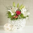 On a bright white tabletop that could easily belong to a Grove Park wedding venue or a stylish riverside home, a thoughtfully designed floral centerpiece captures the eye. The arrangement sits in a distinctive, globe-shaped white vase crafted from curved strands that weave in and out to form a light, open structure, reminiscent of sculpted wicker painted crisp white. From this airy container emerges a generous collection of white lilies, some fully open, their broad petals elegantly curved back to reveal fine speckles and golden stamens, others still in smooth green buds, hinting at days of unfolding beauty. Between the lilies, rich red roses offer a striking contrast; one especially prominent central rose opens just enough to show tightly layered petals, its velvety depth adding a romantic emphasis suited to wedding tables or anniversary dinners around Grove Park and nearby Chiswick. Bright green pom-pom-style blooms, likely green dianthus or chrysanthemums, are tucked among the larger flowers, their rounded, cushiony texture adding playful interest and a refreshing splash of colour. Airy sprays of white gypsophila weave gently through the composition, softening edges and bringing a cloud-like delicacy, while small clusters of glossy red berries peek from the greenery, subtly suggesting seasonal festivities or winter celebrations. The foliage, from feathery, trailing fronds to more substantial deep green leaves, fills out the design so it feels lush yet not overpowering. To the left of the vase, two decorative woven spheres in a natural, straw-like tone rest on the surface, repeating the open-weave motif and creating a harmonious, coordinated display. The softly textured neutral background in warm beige and grey allows the rich reds, crisp whites, and vibrant greens to stand out, giving the whole scene a tranquil yet celebratory character that suits intimate gatherings and special occasions.