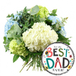 This scene shows a joyful Father's Day bouquet and balloon combination, captured against a pure white backdrop that makes the colours and shapes appear crisp and bright, as though on display in a Grove Park Florist showcase. The upper left and centre of the image are filled with a lush, rounded bouquet of hydrangeas. At its centre, soft creamy white hydrangea heads create a generous focal point, each bloom composed of dozens of tiny petals that cluster together like delicate lace. Surrounding them, gentle light blue hydrangeas introduce a cool, tranquil tone, suggesting steadiness and affection, much like a calm walk along the river near Grove Park. Bright lime green hydrangea clusters nestle at the lower left and along the right edge, bringing a refreshing pop of colour that enlivens the entire arrangement. Interwoven throughout the bouquet, sprigs of silvery-green eucalyptus add a modern, airy feel with their rounded leaves, while darker green foliage provides contrast and structure, filling the design with a layered, natural richness. The stems are visible at the base, carefully gathered and tied into a tidy bundle, hinting at freshly cut flowers ready for delivery. In the lower right corner, a shiny, round foil balloon overlaps the blooms. It features a white central circle framed at the top and bottom by bold black and white stripes, offering a stylish contrast to the softer flowers. The message, For the BEST DAD EVER! is written in an energetic mix of fonts and colours: For the and EVER! are in simple black, while BEST and DAD are much larger, each letter decorated in fun reds, greens, teals, stripes, and polka dots. Beside the B in BEST, a small No. 1 rosette icon appears, like a prize ribbon. Scattered across the balloon are playful stars and tiny dots in yellow, red, teal, and black, giving the impression of confetti in mid-air. Together, the cool hydrangea tones and vibrant balloon create a warm, affectionate tribute, ideal for celebrating a beloved dad in Grove Park on Father's Day or any special occasion.