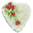 In this image, a classic heart-shaped funeral tribute stands out clearly against a plain white background, drawing attention to its careful construction and symbolic shape. The heart is fully based in small, pristine white chrysanthemum blooms, each floret placed side by side so that the overall effect is one of softness and gentle texture, like a padded cushion of petals. The white flowers provide a calm, peaceful foundation, suggesting purity, respect, and a sense of stillness. Crossing the upper left section of the heart and moving diagonally towards the centre-right is a striking line of five red roses. Three of these velvety blooms cluster close to the left-hand curve, tightly furled yet full, while two more appear further along the diagonal, guiding the viewer's gaze across the design. Around the roses, tufts of delicate white filler flowers and mixed greenery, including glossy leaves and airy, fern-like sprigs, add depth and contrast without overwhelming the simplicity of the white base. Slim, arching strands of bright green grass sweep gracefully over the chrysanthemums, linking the roses and adding movement. Encircling the entire tribute is a neatly pleated ribbon in rich dark green, giving the heart a finished, formal outline. This arrangement, similar to those often delivered to local chapels and crematoriums serving Grove Park families, is designed for funerals, memorials, or graveside visits, where it offers a tender expression of love, remembrance, and heartfelt condolences.