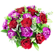 Against a pure white background and viewed from directly above, this bouquet reveals a meticulously crafted circular design of red roses and purple carnations, enriched with layered greenery. The blooms are arranged so tightly that they form a complete, rounded dome, the kind of bouquet that feels substantial and generous when placed on a table or presented as a gift. Scattered throughout the composition, but particularly noticeable in the centre, are seven or eight lush red roses. Their petals, soft and velvety to the eye, spiral outwards from neat, closed centres into wider, open forms, showing off a spectrum of reds from bright, emotive scarlet to deeper, almost burgundy undertones in the inner folds. Interwoven between the roses are clusters of carnations in shades of magenta, fuchsia, and deep royal purple. These carnations have ruffled, serrated petals that stack in layers, giving the bouquet a gently tufted, textured appearance that contrasts beautifully with the smoother rose petals. Teasing through the flowers, eucalyptus leaves bring a cool, silvery-green note, their rounded shapes adding softness and visual rhythm. Alongside them, broader, darker green leaves-likely Ruscus or Salal-provide a solid, glossy backdrop that helps define the form of the arrangement. Smaller sprigs with bright green leaves add lightness, suggesting fresh growth and vitality. The overall palette of passionate reds, vibrant purples, and soothing greens feels both romantic and confident, perfect for an intimate dinner or a celebratory gesture in Grove Park, perhaps in a home near the station or along the quiet streets leading towards Chiswick. The bouquet conveys a sense of thoughtful artistry, making it a fitting choice for marking love, appreciation, or joyous occasions.