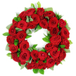 A regal, circular wreath of deep red roses sits against a pristine white background, as if captured in a moment of quiet reverence. The blossoms form a dense, unbroken ring, each bloom in a shade of crimson that seems to glow under soft studio light. Interspersed among them are clusters of fresh green foliage-broad eucalyptus-like leaves and narrow, glossy ruscus-that provide a cool, jade-green frame to the fiery reds. The petals are velvety, with subtle folds and veining that add depth and living texture to the arrangement, while the wreath itself maintains a near perfect circular form. The overall effect is one of solemn beauty and enduring tribute, a classic choice for memorials, anniversaries, or a heartfelt expression of sympathy. Against the white background the colours feel saturated, the scent imagined through the mind's eye and the sense of calm that accompanies a well crafted floral tribute.

In Grove Park, this wreath speaks of care and condolence, a dignified choice for services, church vigils, or home memorial corners, with thoughtful delivery across the district to ensure a timely, comforting moment for families.