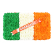 A carefully arranged Irish tricolour funeral piece is displayed from a bird's-eye view, its simplicity and bold colour blocking making an immediate emotional impact. The tribute is rectangular, framed by tidy edges of foliage or concealed mechanics, and filled completely with flowers. The left vertical third glows with a rich emerald green, created by small, rounded blooms packed closely together so the texture looks velvety and comforting, almost like a soft pillow. In the centre, a pristine strip of white flowers provides balance; their petals overlap delicately, creating a peaceful, cushion-like panel that draws the eye inward. The right third is a striking orange, vivid and cheerful, the blossoms arranged so precisely that the colour reads as a continuous band from top to bottom. Diagonally across the arrangement rests a smooth coral-red ribbon, its satin surface catching subtle highlights as it crosses the white and orange stripes. The word GRANDAD is spelled out in tall, silver-coloured capital letters along the ribbon, crisp and reflective, making the dedication unmistakable. Tiny white pins or decorative tacks secure the ribbon along the white section, adding small points of detail and emphasising the handcrafted, bespoke nature of the tribute. The overall mood is respectful and affectionate, suitable for a funeral or memorial service for a grandfather with Irish heritage in the Grove Park area, perhaps on the way to a church near the Thames or a crematorium nearby, where family members gather to share stories and celebrate a life remembered with pride and love.