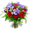 This bouquet feels like a celebration of contrasts and harmony, a composition that speaks to the senses as clearly as a storefront display. The vivid crimson roses take center stage, their velvety petals tightly spiraled and deeply coloured, while regal purple orchids unfold with broad, flat petals adorned with delicate speckles that glimmer as the light catches them. Soft lisianthus in pale lavender thread through the arrangement, some buds still compact and others opening to reveal silvery touches that soften the overall palette. A generous veil of fresh greenery provides a lush, natural backdrop-glossy broad leaves mingle with slender eucalyptus stems, giving depth, movement, and the sense of a well-tended garden.
The stems are gathered at the base and bound with a decorative dark mesh ribbon, creating an airy bow that adds contemporary texture without competing with the blooms. Tiny pale green fillers and discreet buds are woven throughout, adding sparkle and the impression of new growth. The lighting against the white backdrop makes the colours sing-crimson, violet, lilac, and green, all balanced with a poised elegance. This bouquet feels luxurious yet approachable, suitable for a milestone celebration, a romantic surprise, or as a striking centerpiece at a dinner party. Crafted with care in Grove Park for deliveries across the area, it embodies freshness, artistry, and a generous, confident taste that reflects local craftsmanship and a love for detail.