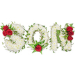 A tender, handcrafted funeral tribute spells the word SON in bold capital letters, each letter formed from a carpet of small, pristine white spray chrysanthemums that read as soft pillows of petals. The chrysanthemums' subtle, clean scent suggests early morning air and lends the arrangement a quiet dignity; their tight, rounded heads create a smooth, snow-white surface which contrasts gently with the deep green of trailing ivy woven through the composition. The ivy traces the contours of each letter, its glossy leaves slipping between blooms to give depth, movement and a whisper of evergreen continuity-an emblem of memory that outlives seasons. Rich, velvety red roses punctuate the piece as emotive focal points: three clustered on the upper left curve of the S, a single prominent rose nestled at the bottom centre of the O and a vertical trio decorating the right stem of the N. Each rose's velour petals and darker foliage draw the eye and offer a visual language of passionate love amid serene white. The tribute is photographed against a clean, bright white background under soft, natural light that highlights texture and shadow without distraction. As a sympathy floral, it reads as both handcrafted memorial and personal message-suitable for a funeral service, graveside tribute or wake-and carries the intent of deep respect for a lost son. Local families in Grove Park and neighbouring Hither Green or Chinbrook Meadows often choose this style when they want a plainly stated, lovingly made remembrance that balances purity, grief and enduring affection in equal measure.