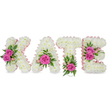 A bespoke floral name tribute spells KATE in bold, three-dimensional block letters, each letter lovingly built from hundreds of small, pristine white chrysanthemums that give the whole piece a soft, cloud-like surface. The inner contours of every letter are traced with a pale pink satin ribbon that creates a gentle, feminine outline against the bright white floral base, while the pure white background makes the letters read with a luminous clarity. Scattered across the white chrysanthemum canvas, vibrant hot-pink roses form deliberate focal points: two fully opened roses nestle on the left arm of the K, a single, prominent rose rests in the lower centre of the A, a solitary vivid bloom anchors the base of the T, and a compact pair of roses punctuates the right side of the E. Around these pink accents the florist has woven in lush green foliage - fern-like fronds, ruscus and variegated leaves - with tiny pale-pink buds providing delicate punctuation and soft texture. Viewed from slightly above, the composition feels tactile and sculptural; subtle shadows beneath each letter confirm the arrangement is freestanding and gives depth to the crisp image. There is a quiet scent of fresh roses and chrysanthemums, a restrained elegance suited to a memorial or celebration of life. As a locally-made tribute, this style is often chosen by families across Grove Park and nearby Chinbrook Meadows who want a personalised, dignified expression of love and remembrance that reads clearly from the front of a chapel or service.