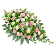 A refined funeral spray with a flowing teardrop form is shown against a bright white background, letting every flower and leaf stand out with clarity. The arrangement is lush and full at the top, where clusters of pastel pink roses gather in abundance. Some roses are wide open, showing their intricate, layered hearts, while others remain softer and more enclosed, creating a natural rhythm across the surface. Intermingled among them are white carnations, each bloom formed of many tiny, ruffled petals that give the arrangement a soft, cloud-like richness. The blossoms are supported by a generous base of deep, glossy green foliage, the broad leaves fanning out to shape the spray and lend it strength and definition. Woven into this dark green base, rounded eucalyptus leaves in silvery tones introduce a gentle contrast, adding depth and suggesting a cool, fresh scent. From the slender, pointed end of the teardrop, fine trails of darker greenery cascade lightly, giving the piece a sense of gentle downward motion, like a natural, leafy waterfall. The colour palette-delicate pinks, clean whites, and layered greens-conveys calm, tenderness, and quiet respect. This is the sort of arrangement families in Grove Park might choose when they want a casket spray or front-facing tribute that feels both traditional and deeply personal. It looks thoughtfully crafted by a local florist who understands how flowers can soften the hardest moments, offering a visual expression of love, sympathy, and enduring memory during a final farewell.