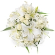 Seen from above against a clean white backdrop, this perfectly round bouquet is a study in quiet refinement. Large white oriental lilies open like porcelain trumpets, their wide petals curving softly and their pale green stamens lending a hint of fresh colour at each bloom's centre. Nestled between the lilies are numerous creamy ivory roses, most kept in tight bud or only beginning to unfurl, their velvety layers catching the light and creating a gentle, compact texture. Cloud-like sprigs of white Baby's Breath (Gypsophila) are woven throughout, their tiny blossoms softening edges and creating a frothy, ethereal feel that balances the lilies' structure and the roses' density. Small flashes of vivid green foliage peek from the base and around the perimeter, offering a cool contrast that frames the composition and gives the eye places to rest. The overall effect is luminous and serene, as if the bouquet holds the hush of a soft morning in its petals; the lilies' sweet, clean scent mixes with the warmer, deeper perfume of roses to produce a subtle, comforting aroma. This arrangement reads as timelessly elegant - suitable as a bridal posy, a refined centerpiece for a reception, or a consoling tribute at a memorial - and it communicates purity, love, and calm assurance. As a florist familiar with Grove Park's quieter streets and local celebrations, I imagine this bouquet arriving by hand to a doorway near Grove Park station or being chosen for an intimate gathering at Chinbrook Meadows, its classic palette fitting easily into both joyful and solemn moments.