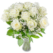 Soft, serene and quietly elegant, this photograph captures a full bouquet of creamy white roses arranged with delicate gypsophila and fresh green foliage in a simple clear glass vase. About a dozen large roses sit at the visual centre, each bloom unfurling in gentle spirals of velvety petals; some centres keep a faint creamy-yellow tone that gives the otherwise pure white blooms a tender warmth. Tiny clusters of baby's breath (Gypsophila paniculata) weave between the roses like morning mist, their cloud-like pinheads softening edges and lending a light, airy texture that contrasts with the substantial rose heads. Beneath the flowers, varied leaves fan out in lively greens - glossy and matte surfaces, different shapes and subtle veins that provide depth and a natural framework for the blooms. The vase, slightly flared at the rim and made of clear glass, reveals neatly trimmed green stems submerged in clean water, the stems' straight lines grounding the composition while catching small reflections of light. Bright, even daylight bathes the arrangement from above and slightly to one side, making the whites glow and throwing a gentle, soft shadow that emphasises form without harshness. The overall mood is one of comfort and timeless grace: a bouquet suited to moments of quiet remembrance, a thoughtful sympathy gesture, or a calm centrepiece for a peaceful room. As a florist working around Grove Park and nearby green spaces, I often design this kind of arrangement when simplicity and sincere feeling are the intention - a floral expression that reads as both pure and consoling.