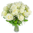 A gently luminous hand-tied bouquet of pristine white roses, each bloom opened into soft, creamy spirals that catch the light like porcelain. The roses sit above a cloud of tiny gypsophila - airy, star-like sprays of baby's breath that weave between petals and create a lacy halo around each head. Glossy, forest-green foliage peeks through and provides a cool, living counterpoint to the snowy blooms, while the clear glass vase keeps the arrangement feeling modern and weightless: you can see the upright stems as they gather and flow into the water, their pale green shafts catching a subtle gleam. In soft morning light the petals appear almost translucent at the edges and the whole composition reads as calm and reverent - a bouquet that suggests quiet celebration, a serene wedding table, or a comforting presence in a room set aside for reflection. I can almost sense the faint, classic rose scent mingling with a fresh linen note, the kind of fragrance that is never overwhelming but gently uplifting. Designed with careful balance and rhythm, every rose is placed to show its face and let the gypsophila flicker like soft stardust around it. This arrangement suits milestone moments or tender consolations alike, and is the same style we prepare for deliveries across Grove Park and nearby streets - arriving fresh, fragrant and composed to bring a feeling of peaceful grace into a home or small local venue.