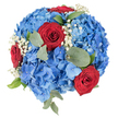 Viewed directly from above on a crisp white background, this round, tightly composed bouquet reads like a miniature flag of feeling - a dense cushion of sky-to-sapphire blue hydrangeas forms the generous foundation, each tiny floret layered to create a plush, cloud-like texture. Nestled within that ocean of blue are several striking deep red roses whose velvety, spiralled petals draw the eye to warm, passionate focal points; their centres deepen to a richer crimson, suggesting intimacy and strength. Sprays of tiny white baby's breath (Gypsophila) float through the composition like pinpricks of light, softening edges and adding an airy contrast that brightens the overall palette. Muted, rounded eucalyptus leaves and a few sharper green sprigs are tucked among the flowers, their silvery-green tones and matte texture grounding the bouquet and giving a subtle botanical fragrance when held close. The lighting is even and clear, revealing the hydrangeas' delicate veins and the roses' satiny sheen without dramatic shadow, which makes this arrangement read as both celebratory and composed - suitable for national holidays, remembrance displays, or an elegant centrepiece at a local Grove Park gathering. As a florist in the area I imagine this arrangement gracing a bench near Grove Park station or a community table at a summer fête on Chinbrook Meadows: fresh, thoughtful, and proudly local, ready for careful hand delivery across Grove Park and nearby Lewisham on the day it is made.